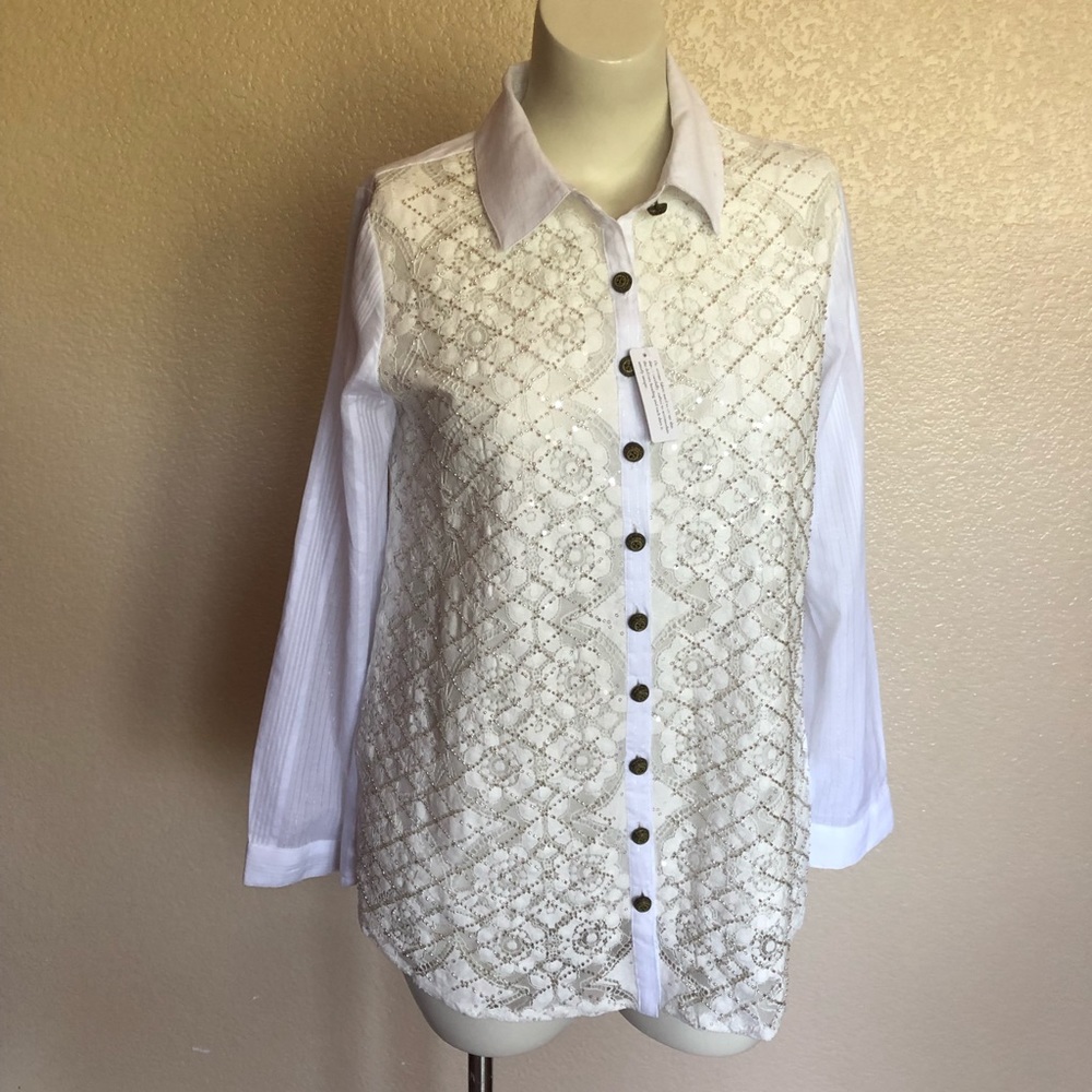 NWT Soft Surroundings White Beaded Embroidered Lace Shirt - Size M​